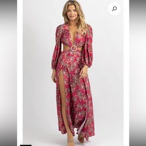 Fuchsia velvet bodysuit maxi split dress